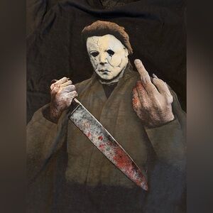 NWT HALLOWEEN MICHAEL MYERS Giving the Finger Small Black Graphic Tee.